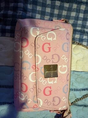 Guess Pink Logo Crossbody with Multicolor G Print and Gold Chain